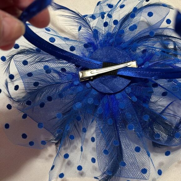 Royal Blue Fascinator w/ polkadot mesh and clip attachment and headband - Picture 6 of 8